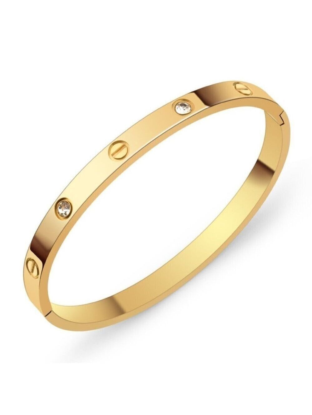 18K Gold Plated Bangle with Zircon Stones, Screw Motif, Stainless Steel